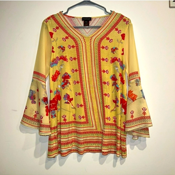 Multiples Tops - Multiples Yellow Pink Bell Sleeve Blouse